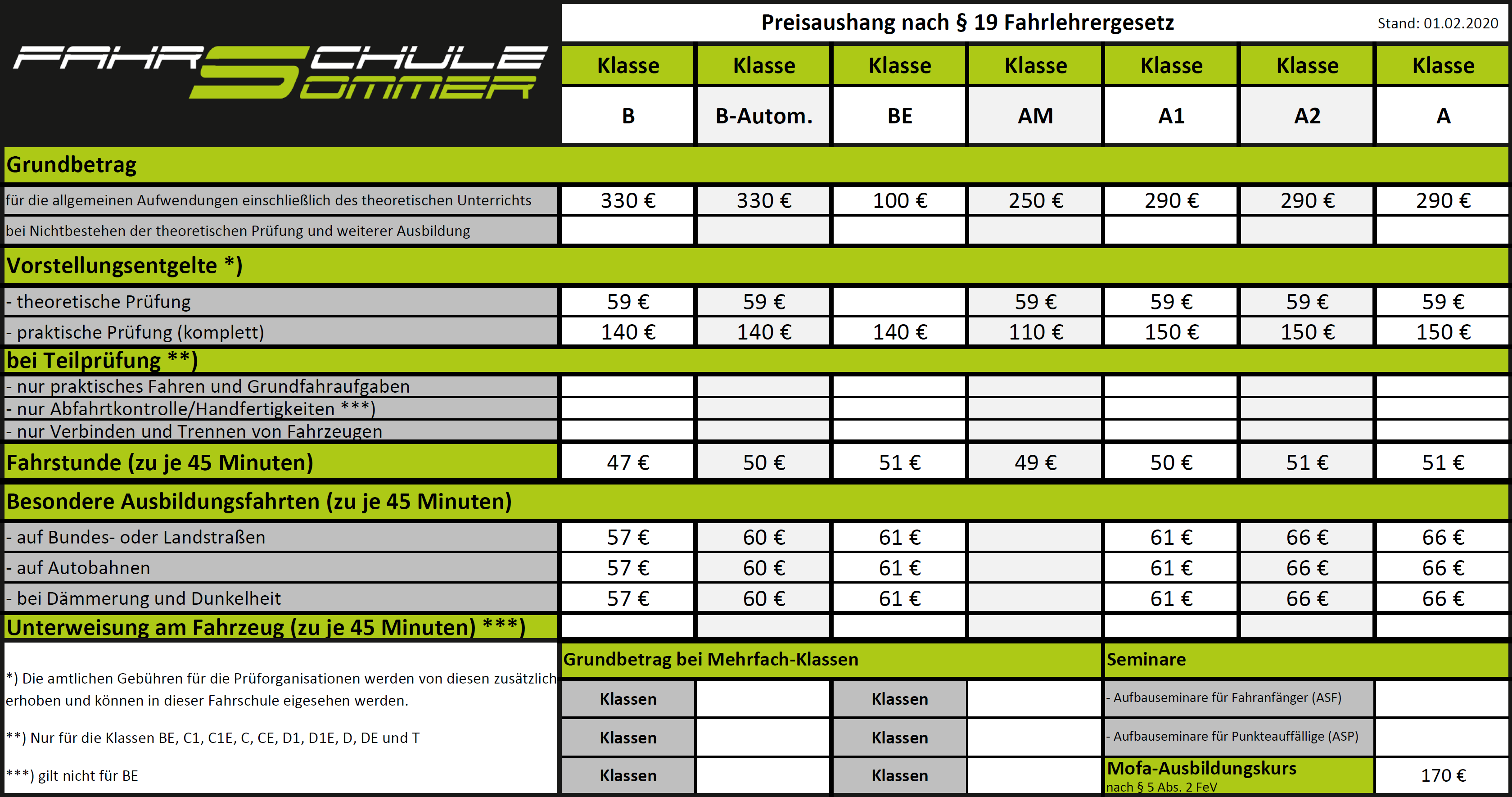 Preise – Fahrschule Sommer